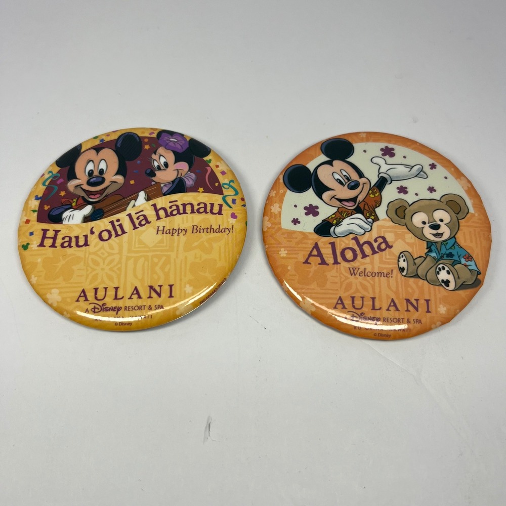 Aulani Disney Resort Mickey Minnie Aloha Hauoli Birthday Button Pins Set of 2